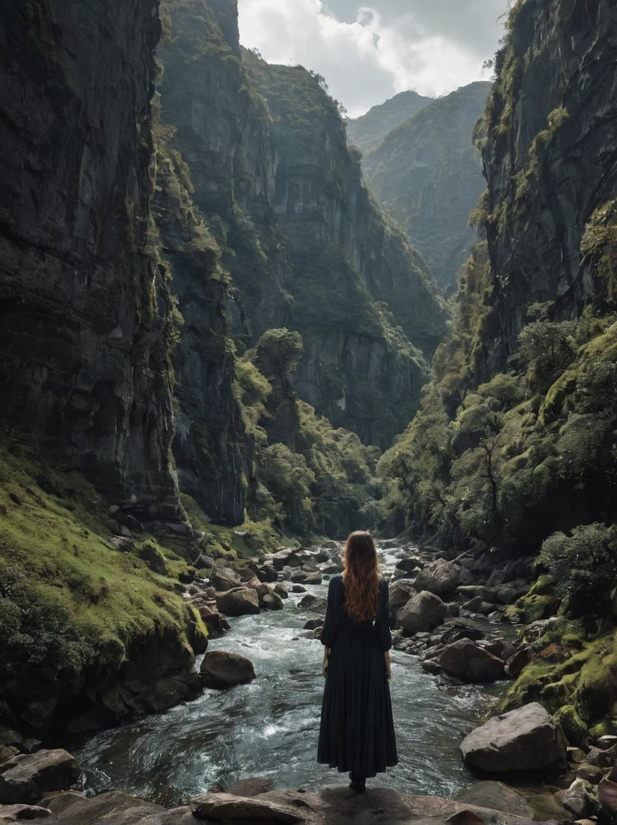 por Brian Froud e Petros Afshar, ((nobody:1.9)), photorealistic medium full photo of a (paisagem de outro mundo:1.2), with gorges, a river, mountainscape, forst, (exotic , chic , masterful:1.4), bold lines, ultra detali, awardwinning, limited dark color palette, hight contrast, Depth of field, (details Intricate, work of art, best qualityer:1.4), Lighting, dynamic pose, wide angle panoramic view,