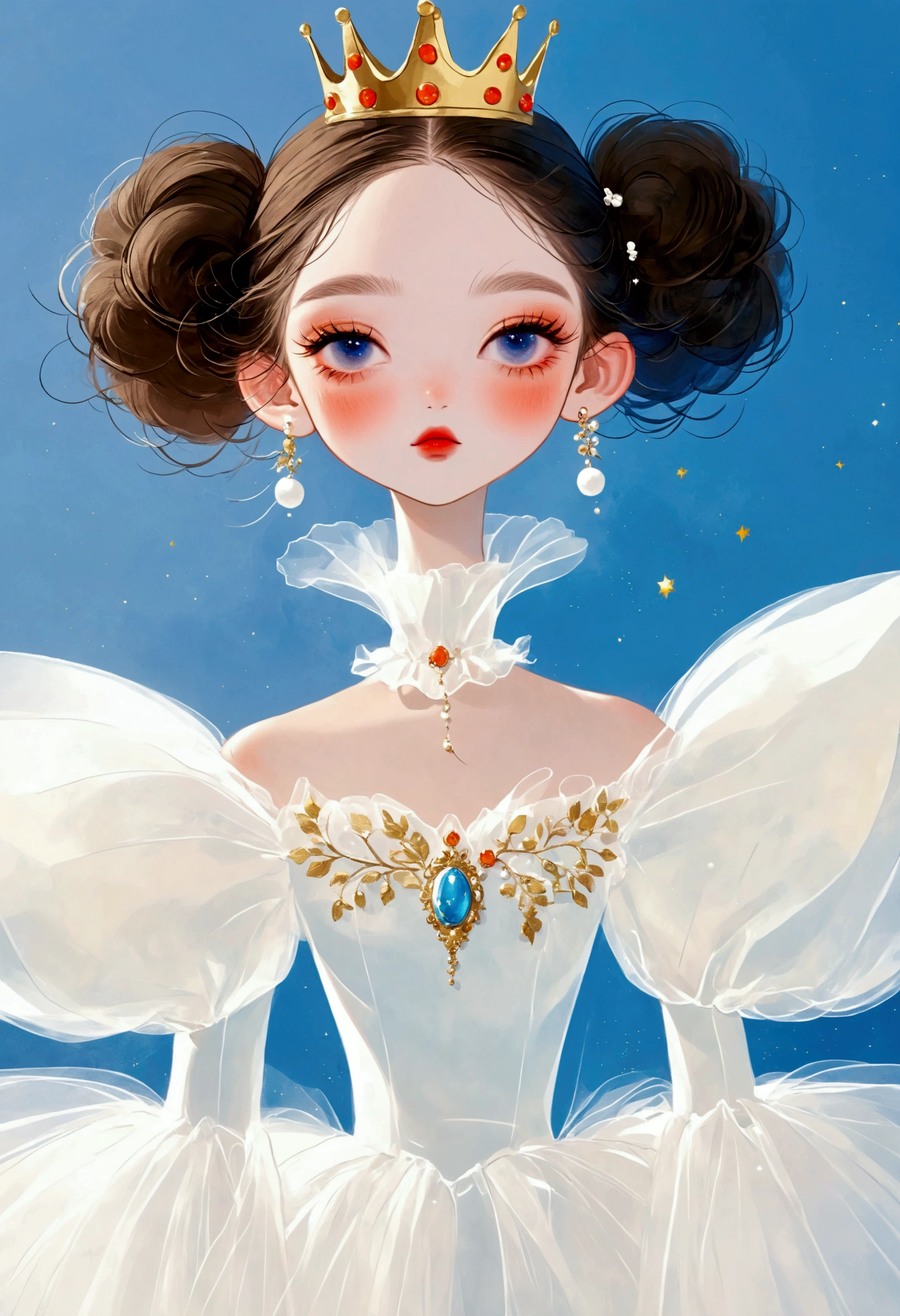 Pastel Art：1 beautiful and elegant girl，Elf ears，Golden crown，(((Puffy Tulle Dress，Exaggerated sleeves，Fluffy，FluffyWhite薄纱)))，White+blue+orange color