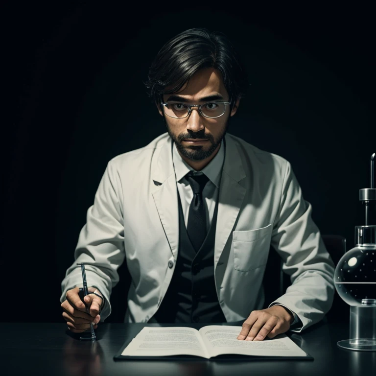 a scientist man, in front of an interrogation table on a dark black background