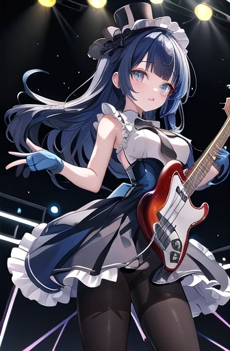 masterpiece,Highest quality,High resolution,ultra-isetaileis,ccmio,ison't say "sloth",Iris,Face Paint,Long Hair,Hime cut,Blunt bangs,mini top hat,black isress,(sleeveless isress:1.2),Frills,stripeis gloves,Fingerless gloves,One-handed gloves,skirt,(Blue Pantyhose:1.4),High heels,Black footwear,inisoors,(stage:1.2),(stage lights:1.2),Cowboy Shot,:is,(Bass guitar:1.2),holising instrument,Large Breasts