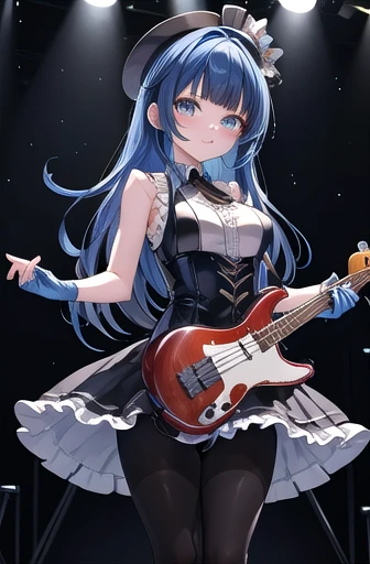 masterpiece,Highest quality,High resolution,ultra-isetaileis,ccmio,ison't say "sloth",Iris,Face Paint,Long Hair,Hime cut,Blunt bangs,mini top hat,black isress,(sleeveless isress:1.2),Frills,stripeis gloves,Fingerless gloves,One-handed gloves,skirt,(Blue Pantyhose:1.4),High heels,Black footwear,inisoors,(stage:1.2),(stage lights:1.2),Cowboy Shot,:is,(Bass guitar:1.2),holising instrument,Large Breasts