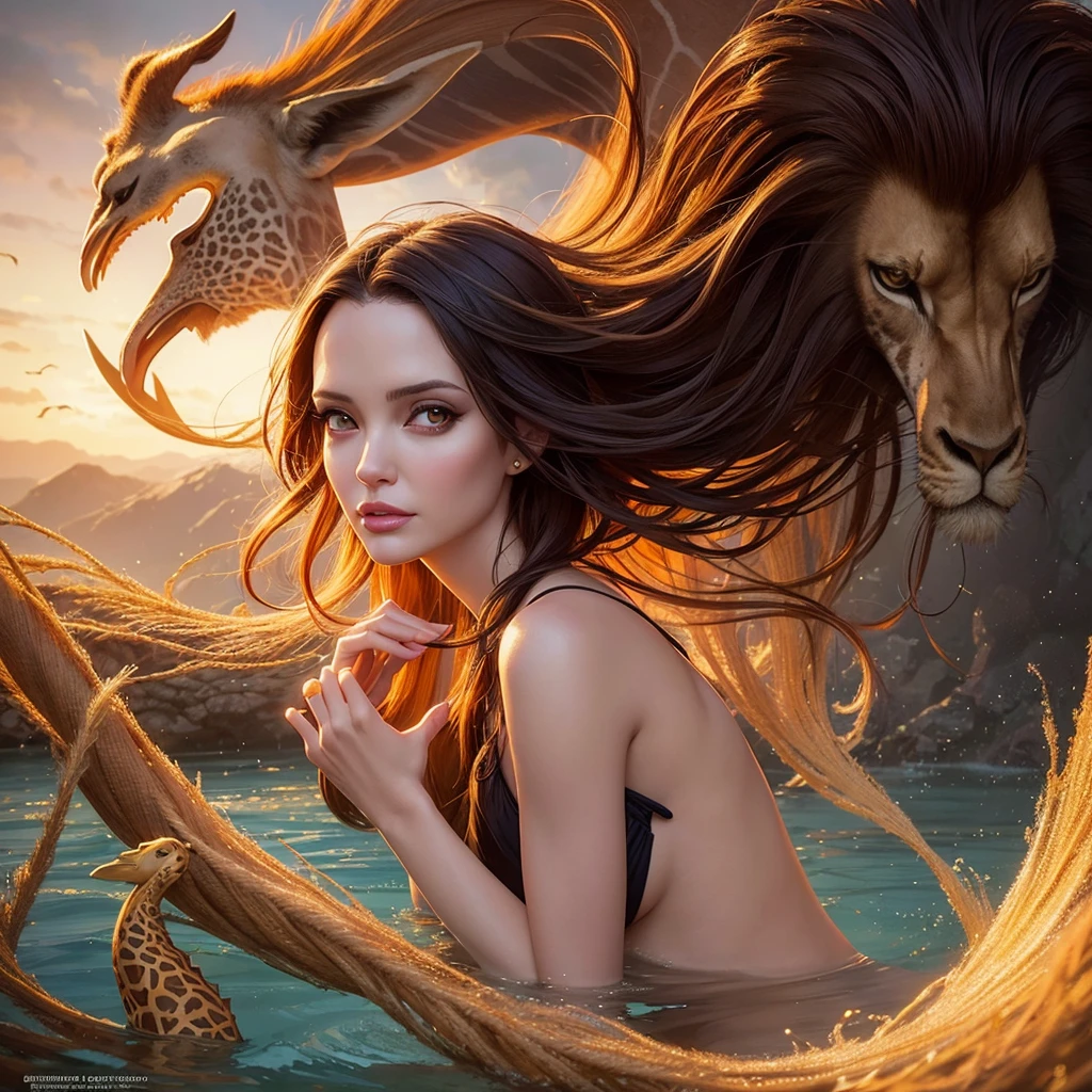 golden hour, front view oil painting of a woman with face of Winona Ryder morphed with Angelina Jolie laughing with gigantic hairdo floating on water, giraffe morphed with lion emerges from water in the background, tears of joy, storks, stunning digital illustration, beautiful fantasy art portrait, a beautiful artwork illustration, charlie bowater rich deep colors, artstyle tom bagshaw, beautiful digital illustration, beautiful fantasy portrait, portrait of a dark fantasy nymph, exquisite digital illustration, in style of anna dittmann