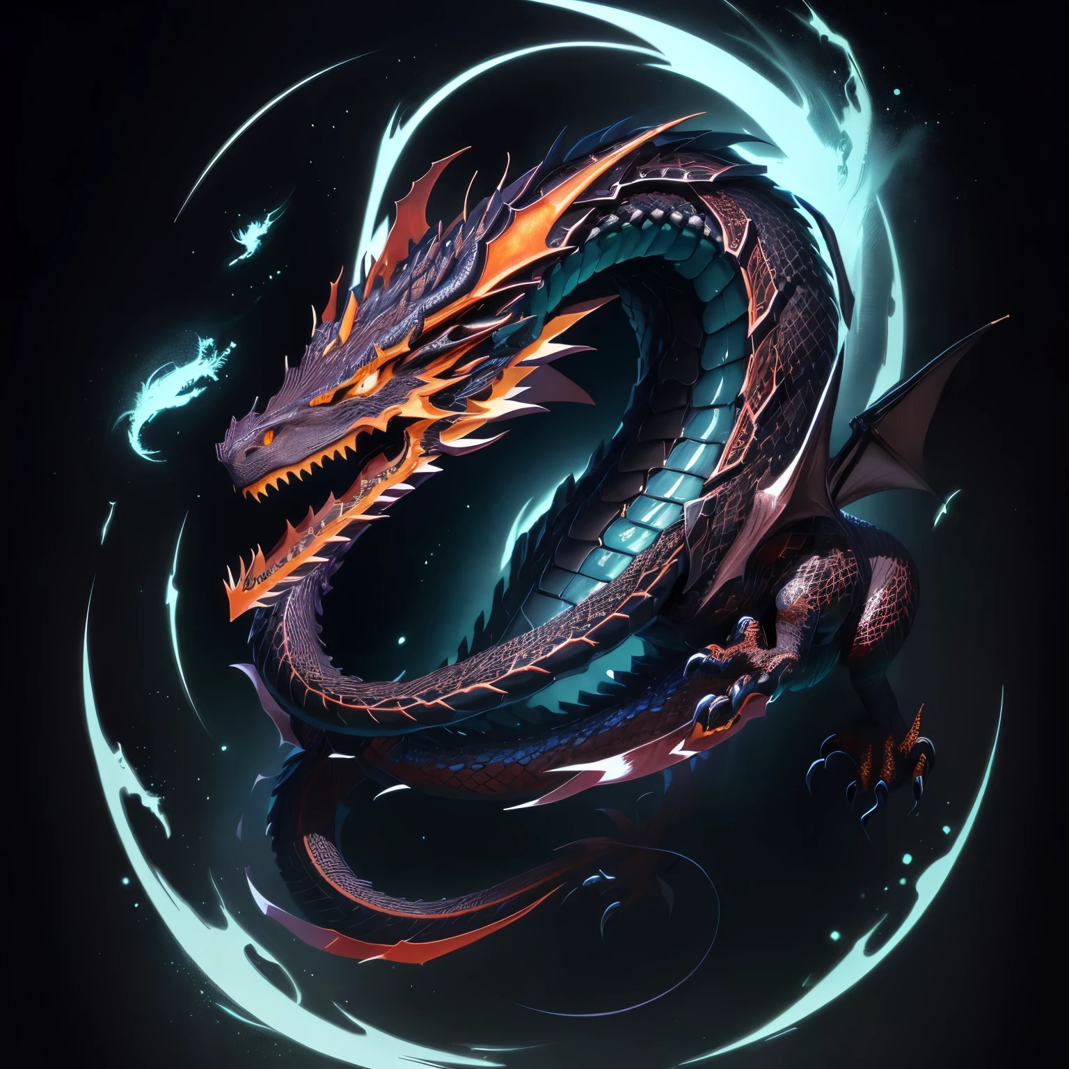 A painting of a dragon wearing a ring around its neck, Full body dragon concept, outLine art, Scarred Dragon, シンプルなLine art, Digest a small dragon, Line art, Smooth Chinese Dragon, きれいなLine art, Jormungand, 太い黒のLine art, Anthropomorphic dragon, Dragon in the background, シャープなLine art, 太いLine art