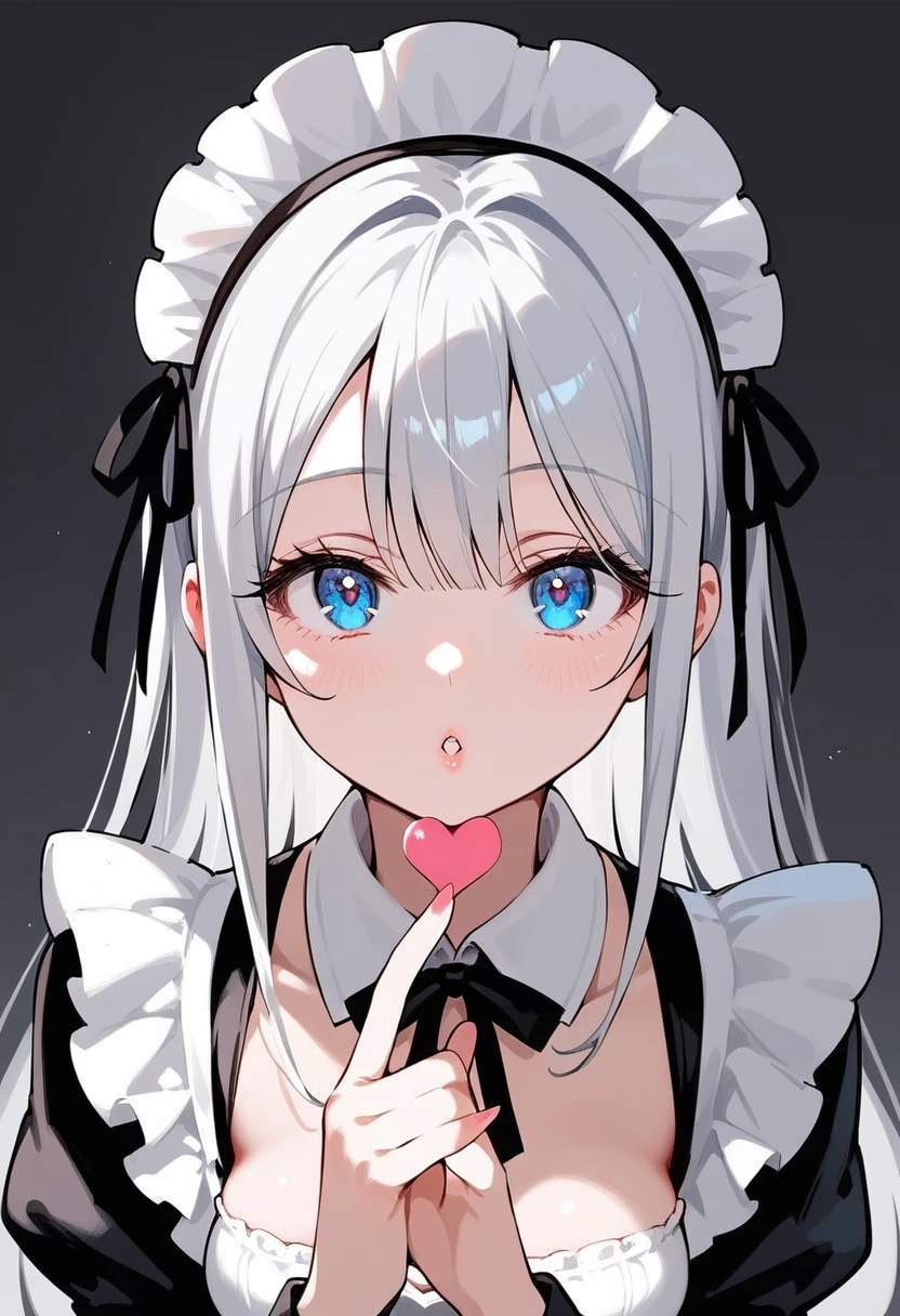 score_9, score_8_up, score_7_up,source_anime,rating_explicit,uncensored,anatomically correct,best perspective BREAK
blowing kiss, heart
lihua, maid headdress,silver hair, blue eyes, long hair, 1girl,oval face, parted lips,