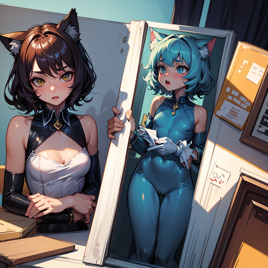 masterpiece, high quality, 1 femboy catboy, Cat's ears, cat tail, One, dark blue navy dress, Flaxen hair, Felix Argyle, On the territory of the estate, on the grass near the fountain, , a little scared, weak, distrustful, yellow eyes, day, in poverty, I'm sitting on the lawn and feeling sad, near the fountain, estate in the background