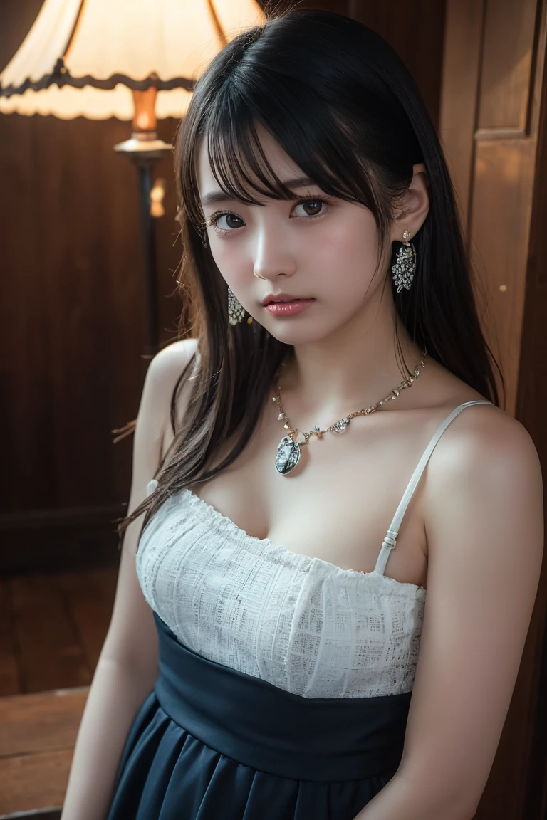 (Highest quality:1.4),(masterpiece:1.4),(Realistic:1.4),(Realistic:1.2),(超High resolution, RAW Photos:1.4),(High resolution, Ultra-detailed:1.2),(8k:1.2),View your viewers,Cinematic photography,One girl,skeletally correct,Black-haired woman,Woman in her early 20s,(Small earrings,necklace,Tulle bustier,Crochet long skirt),(Western-style building interior,Dimly lit room,The lamplight shines on my cheeks)