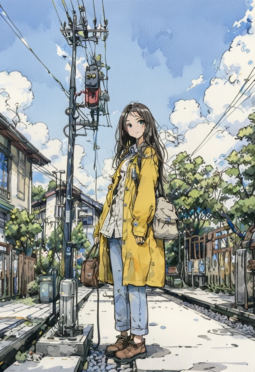 One girl, alone, Long Hair, Brunette, Outdoor, smile, null, Day, View your viewers, bag, blue null, cloud, Ground vehicles, Brown eyes, Power cord, Are standing, Yellow coat, Electric pole, White shirt