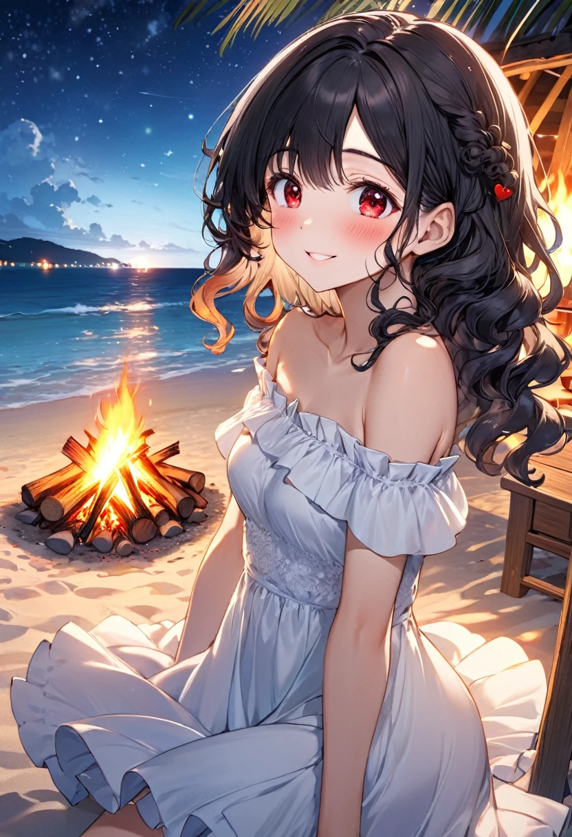 looking up, profile, (Tropical resort style) (solo:2, 15 yo), (beautiful detailed curly:1.3) (best beauty black hair long hair) (cute princess girl, beautiful detailed red eyes, love smile face, blushing, medium tits), in a beautiful white Frilled off-shoulder dress, break, in the night South Sea Island, night beach, put on the Bonfire, background night beautiful Starry sky, BREAK, perfect anatomy, masterpiece, best quality, 16k, beautiful detailed love, daydreaming expression.