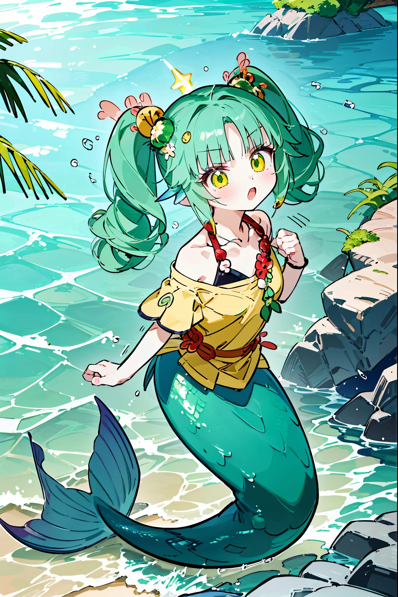 masterpiece, best quality,(Full fingers),A woman,独奏,Mermaid,traptrix sera,twintails,Green Hair,Middle-parted bangs,shirt,绿色的Mermaid尾巴,full-body shot,Beach,charming脸(Kawaii, charming,Soft)