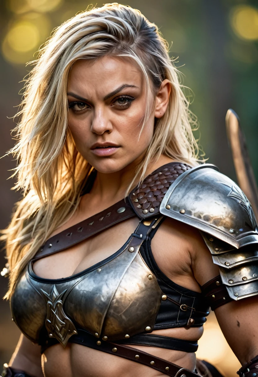 Looks like Mila Kunis, A beautiful barbarian woman, blonde hair, punk hair, sword and sorcery, skimpy armour, high detail face, high detail skin, muscle definition, high resolution, photo-realistic, cinematic lighting, depth of field, bokeh
