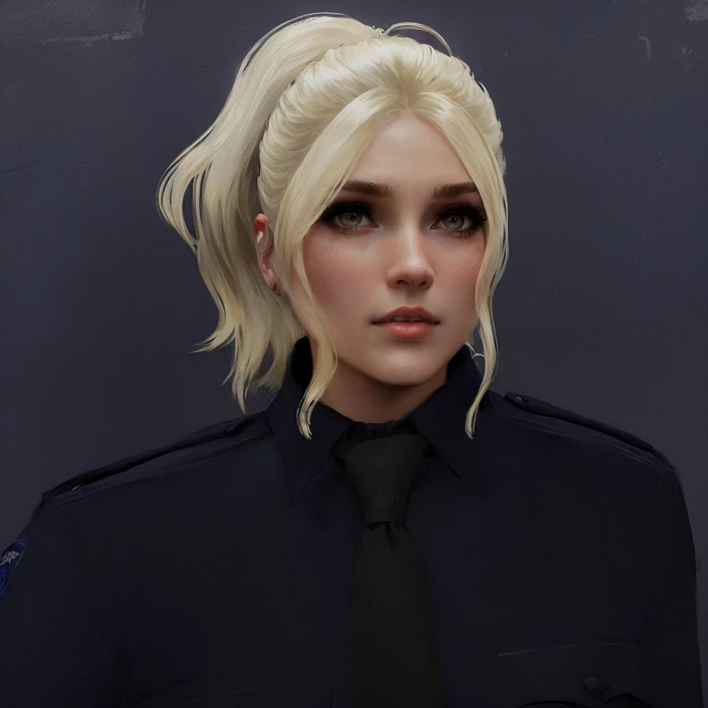 blond haired woman with black tie and blue shirt and black shirt, outfit: cop, female lead character, female character, officer, female sheriff, police officer, wearing a police uniform, inspired by Károly Lotz, 1 / 2 headshot, 1 / 4 headshot, realistic schoolgirl, valkyrie style character, security agent, black canary, character close up