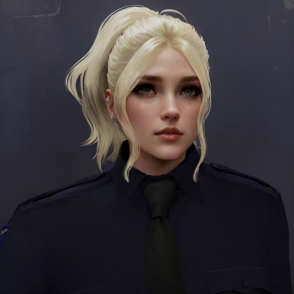 blond haired woman with black tie and blue shirt and black shirt, outfit: cop, female lead character, female character, officer, female sheriff, police officer, wearing a police uniform, inspired by Károly Lotz, 1 / 2 headshot, 1 / 4 headshot, realistic schoolgirl, valkyrie style character, security agent, black canary, character close up