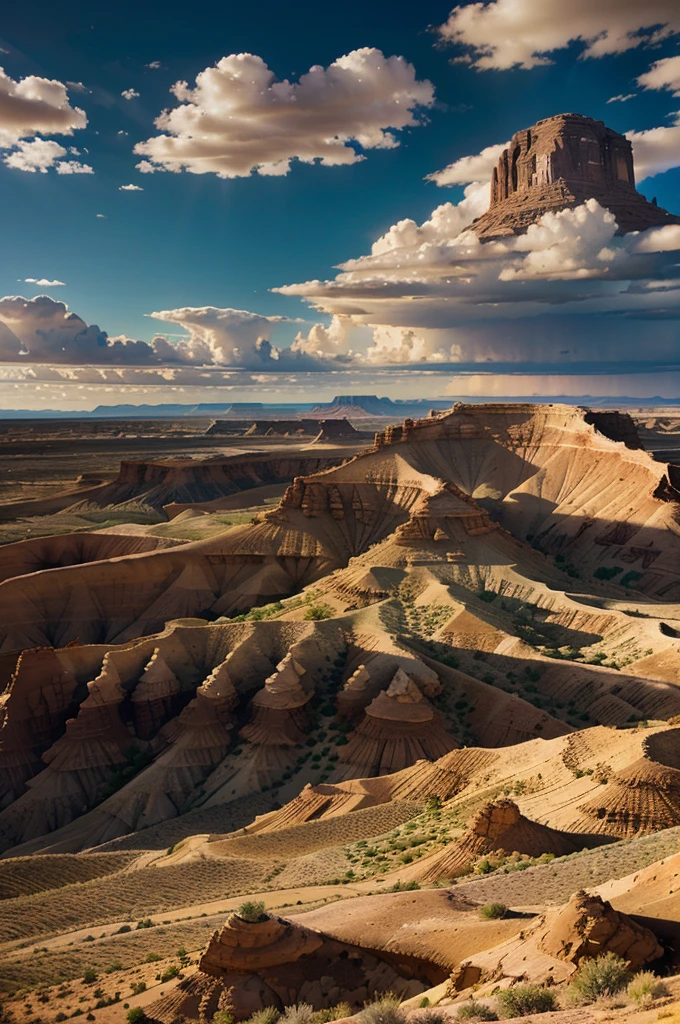 a stunning landscape of Factory Butte, Utah, rolling hills, rugged rock formations, desert plants, warm lighting, dramatic sky with clouds, serene atmosphere, photo-realistic, 8k, highly detailed, realistic lighting, natural colors