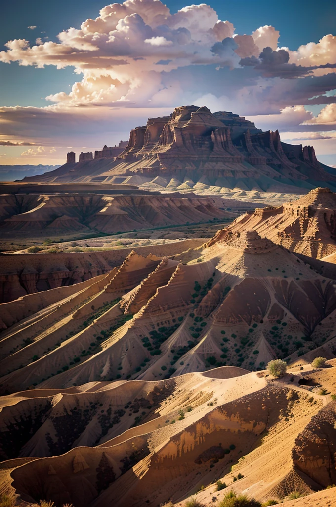 a stunning landscape of Factory Butte, Utah, rolling hills, rugged rock formations, desert plants, warm lighting, dramatic sky with clouds, serene atmosphere, photo-realistic, 8k, highly detailed, realistic lighting, natural colors