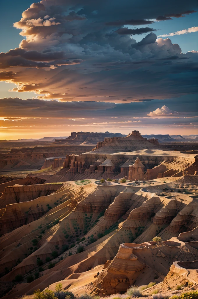 a stunning landscape of Factory Butte, Utah, rolling hills, rugged rock formations, desert plants, warm lighting, dramatic sky with clouds, serene atmosphere, photo-realistic, 8k, highly detailed, realistic lighting, natural colors