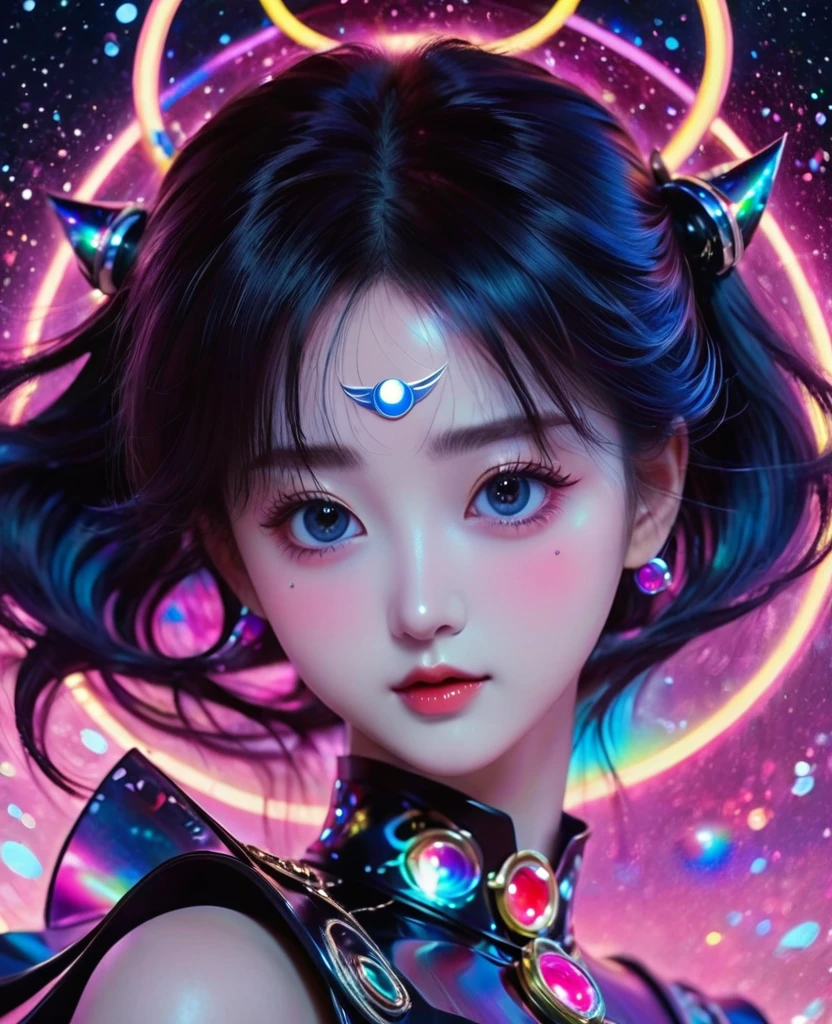 two-dimensional,A super cute &Quote;Sailor Moon&Quote;(Sailor Moon),mini pictures,Beautiful slim girl in anime style,cyberpunk,Steampunk,fault art,Holographic projection,mechanical aesthetics,Ancient,neon lights,laser light,fluorescence,space light,glow effect,Hermaphrodite Lighting,rainbow foil,Unreal Engine,Deep hybrid minimalism/Extremely complex two-dimensional pointillism style,Realistic oil painting/watercolor style,Cute and happy expression,Holographic specimen with layered shading,Hazy ruby and opal kaleidoscope on onyx background,Diffuse ionosphere,Vibrant iridescent contrasting colors,inspired by Edgar Degas、Vermeer、a lot of、Masterpieces by Monet and other masters,neon lights complex、money、uranium、Tin magnet layer details。HD clarity,masterpiece,Extra large round monochrome eyes,whole body,Big head doll,Front view,cute aesthetic,rich background,Rich in details。