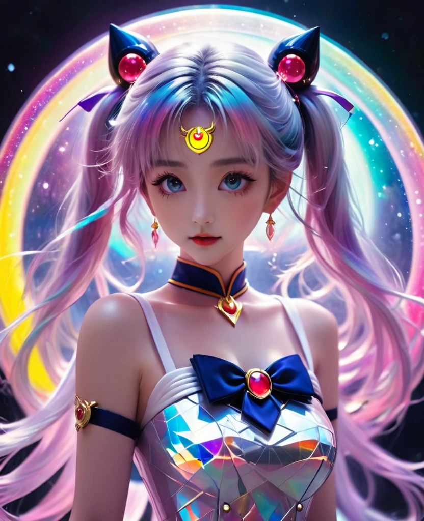 two-dimensional,A super cute &Quote;Sailor Moon&Quote;(Sailor Moon),mini pictures,Beautiful slim girl in anime style,cyberpunk,Steampunk,fault art,Holographic projection,mechanical aesthetics,Ancient,neon lights,laser light,fluorescence,space light,glow effect,Hermaphrodite Lighting,rainbow foil,Unreal Engine,Deep hybrid minimalism/Extremely complex two-dimensional pointillism style,Realistic oil painting/watercolor style,Cute and happy expression,Holographic specimen with layered shading,Hazy ruby and opal kaleidoscope on onyx background,Diffuse ionosphere,Vibrant iridescent contrasting colors,inspired by Edgar Degas、Vermeer、a lot of、Masterpieces by Monet and other masters,neon lights complex、money、uranium、Tin magnet layer details。HD clarity,masterpiece,Extra large round monochrome eyes,whole body,Big head doll,Front view,cute aesthetic,rich background,Rich in details。