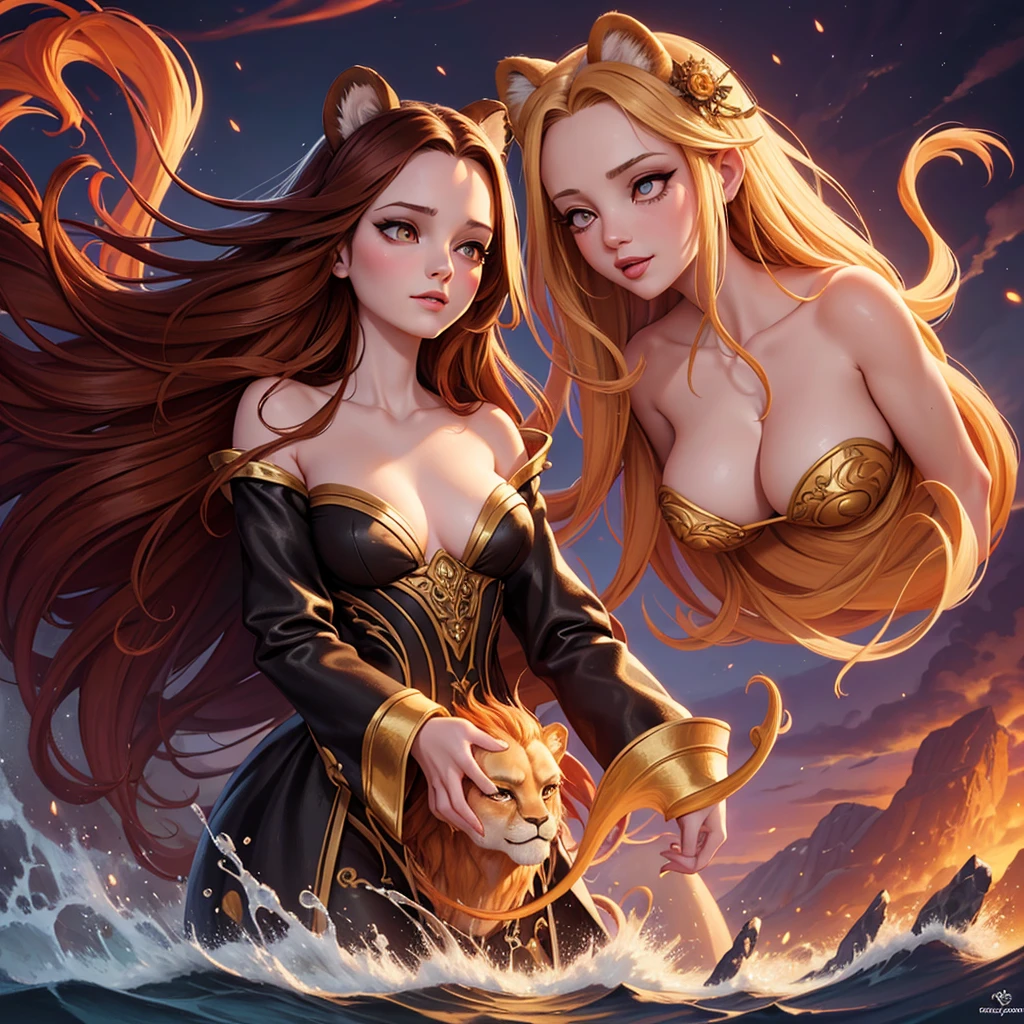 golden hour, front view oil painting of a woman with face of Winona Ryder morphed with Angelina Jolie laughing with gigantic hairdo floating on water, giraffe morphed with lion emerges from water in the background, tears of joy, storks, stunning digital illustration, beautiful fantasy art portrait, a beautiful artwork illustration, charlie bowater rich deep colors, artstyle tom bagshaw, beautiful digital illustration, beautiful fantasy portrait, portrait of a dark fantasy nymph, exquisite digital illustration, in style of anna dittmann