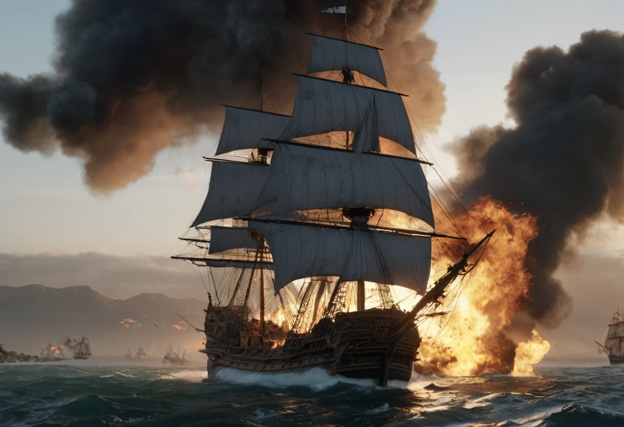 (2 Galleons:1.4)、 (Naval battles:1.2)、 (Galleon Fire:1.4)、(Galleon Explosion:1.4)、 (Realistic:1.2),Very detailed, 8k, masterpiece, (intricate details 1.2)