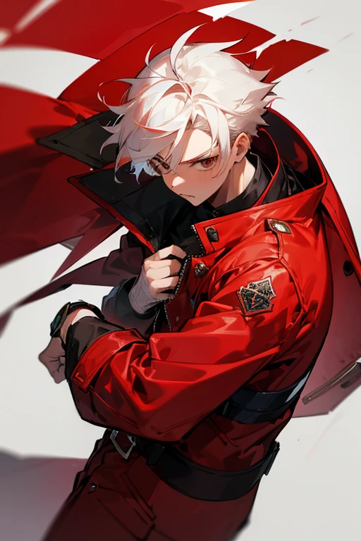 Boy with red jacket and red and white hair