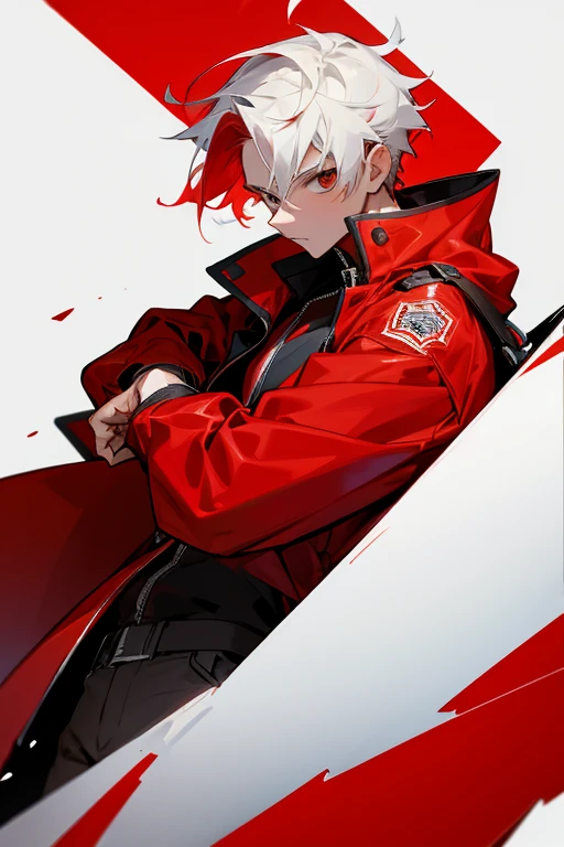 Boy with red jacket and red and white hair 