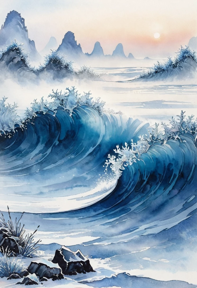 (Ink and watercolor:1.5), (Landscape painting:1.5), (tasteful:1.5), (Ink and watercolor:1.5), (Chinese style:1.5), (Hoarfrost:1.5), (Hoarfrost:1.5), (ice crystals:1.5), (Hoarfrost covered the wave:1.5), (Frozen Sea:1.5), (Hoarfrost forms wave:1.5),