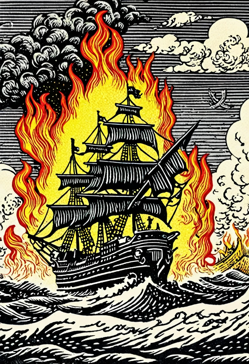 (woodblock print:1.5)、fullcolor、Medieval European Fantasy、Pirate ship vs navy battleship battle、The background is a burning ship and a corpse、Full shot portrait of a female pirate captain、Dark Shadows、A profound presence、Gruesome Background、Ominous clouds、（Highest quality、Realistic）、Mysterious and eerie、pop art, orn8 design of detailed