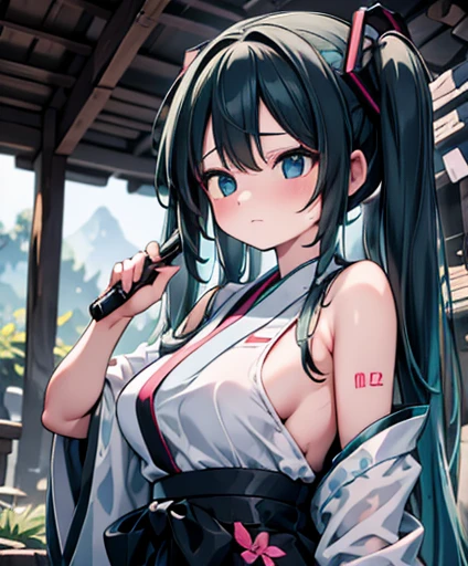 (masterpiece), (Highest quality), Ultra-high resolution, Sharp focus, ((1 female, alone)), Upper Body, hatsune miku,beat the Japanese drum,In the same way,sarashi,Stand in Honor, Perfect feminine face,stage,Beautiful breasts,In the meadow,Large Breasts、Long black hair