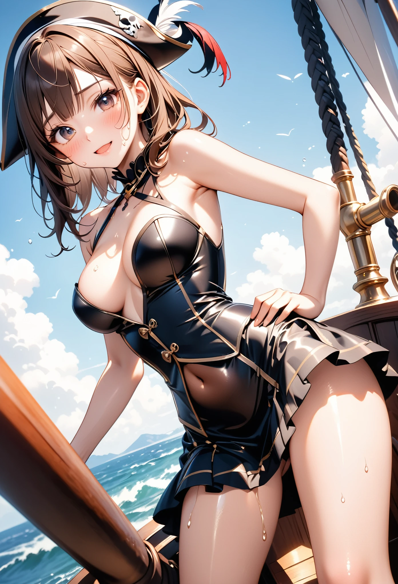 (((Pirate War))), ((Pirate costume)), (((skirt))), ((pantyhose)), ((Shiny Costumes)), skindentation, skinny, solo, 1 woman, Masterpiece, highest quality, highest quality, 16K, incredibly absurd, highly detailed, 2.5D, ai-generated, delicate and dynamic, very delicate facial expressions, delicate eye depiction, erotic, only sexy woman, ((A cute and kind face)), healthy figure, ((25-year-old woman)), 160cm tall, medium firm swaying bust, , blush, Sweat,Embarrassed,sexy, ((thin thighs)), (camel toe:0.7), (visible nipples:0.3), (Erect nipples,:0.7), shiny and lustrous, facing straight at viewer, (((in heat))), ((Oily_skin)), ((Lots of sweat)), (((Brown Skin))), ((dutch angle)), ((erotic pose)), ((On the open sea, on a pirate ship, in the hot summer),