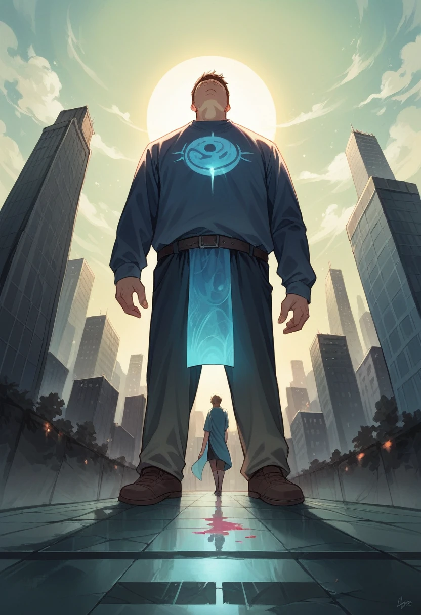 Features a man and a woman dressed casually, sharing an admiring glance at a cityscape, vibrancy in the colors of their clothes, romantic backdrop, reflective pavement, glow from a setting sun, perspective from ground level looking up, subjective point of view, rough textures, midnight blue tone, ethereal atmosphere, very realistic, volumetric