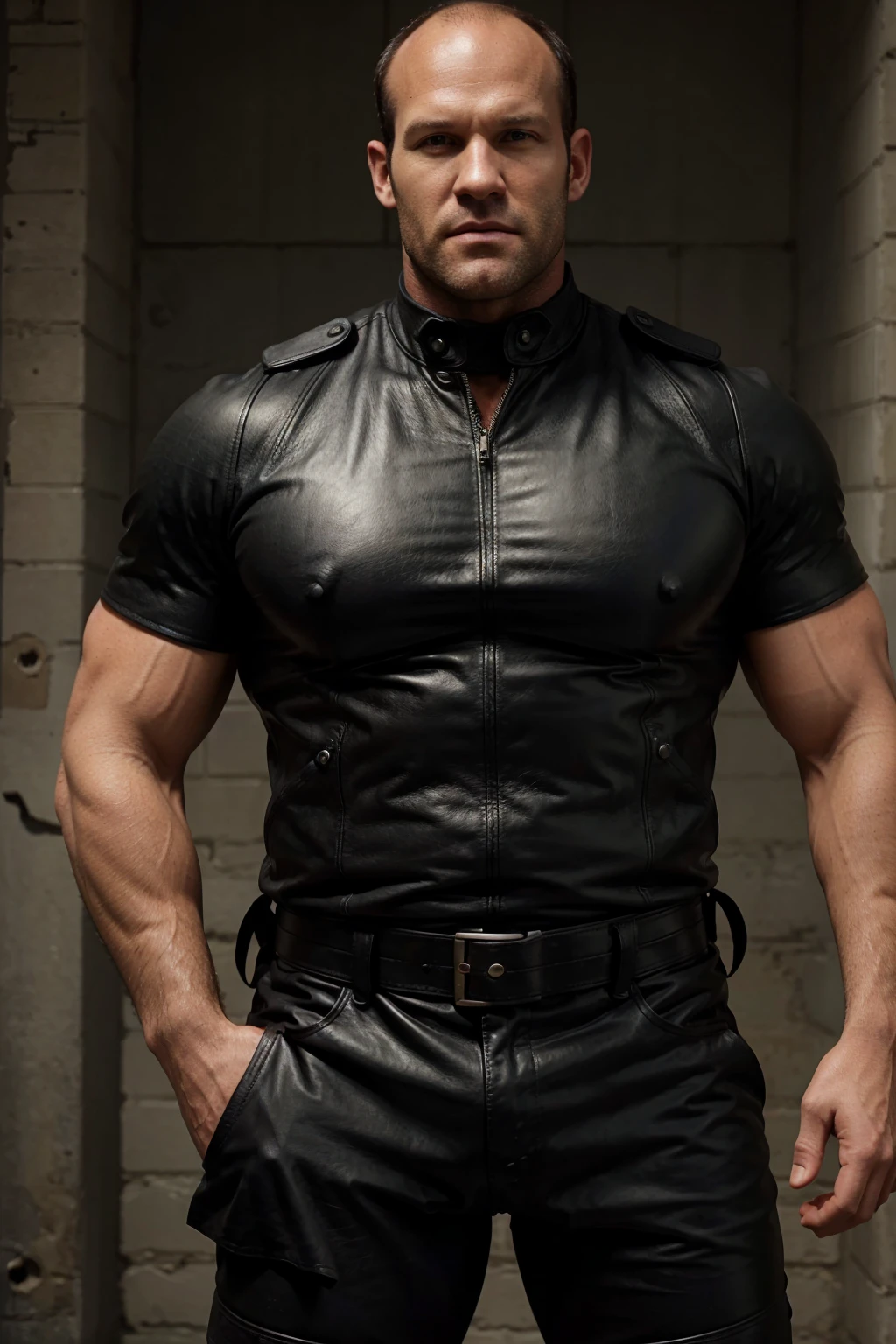 hot masculine Jason Statham with extremely huge muscles and huge belly wearing full black leather police uniform and leather police cap，Showing chest muscles，Full chest muscles，Swelling of chest muscles