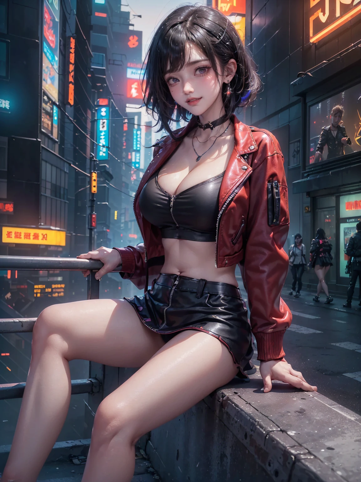 ((16K)),((masterpiece:1.3)), ((Highest quality)), ((Ultra-high resolution)), (Very detailed), (Realistic, photoRealistic:1.4), Perfect lighting,((Side light)), Written boundary depth, Surrealism,photo shoot, No makeup, Film Grain, chromatic aberration, Sharp focus, Face Light,((Beautiful detailsまでこだわった髪)),((Beautiful eyelashes)), Beautifully detailed face, Beautiful details, Beautiful clavicle, Beautiful body, Thin legs,Beautiful breasts, Pointed Chest,Beautiful legs, ((Detailed and carefully drawn hand)), Cleavage, Perfect Anatomy, Supermodel with a long neck,((Skinny1.3)),23 years old,Looking into the camera,(Perfect Anatomy,Anatomically correct, Very detailed肌), Glowing Skin,((beautiful girl:1.1)),(( large breasts :1.5)),((Two Side Up Hairstyle)),((Mid-length hair:1.4, Wavy Hair:1.2, Black Hair) ,((See-through bangs:1.2)),Dainty facial structure,((Captivating smile:1.3)),((leaning on rail:1.2)),(her legs spread in M legs:1.2), ((spread legs:1.2)),((from side)),((wearing (red)Leather jacket )),((Crop top: 1.1)),Skirt,tie,choker,earrings, Necklace, ((I have a guitar:1.4)),((Guitar playing:1.1)),background((Background of a colorful cyberpunk Tokyo street at night. The scene features futuristic skyscrapers illuminated by neon lights and holographic advertisements. Flying vehicles zip through the sky, while people in cyberpunk fashion walk the streets below. The walls of the buildings are adorned with giant digital screens displaying vibrant ads and animations. The ground is embedded with colorful LED lights, creating an ethereal and otherworldly atmosphere throughout the city)),wide shot