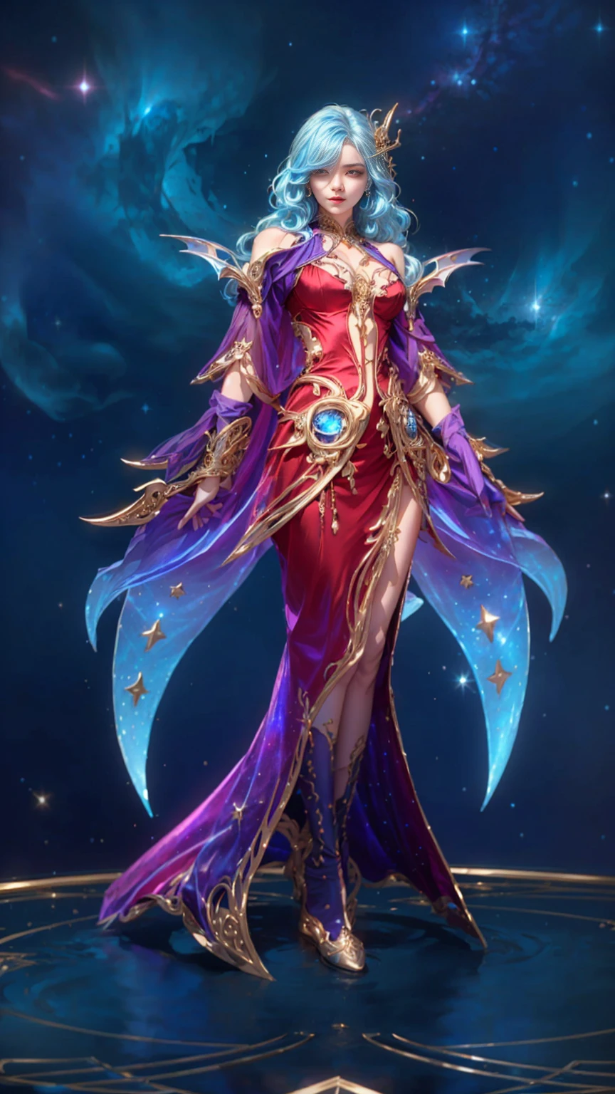 Realistic, High Quality. A light blue hair vampire girl, over one eye, long hair. European girl, a 25 years old girl, Sad eyes, almond eyes, gazing at viewer. Beautiful model, Pale white skin. realistic skin, cleavage, slim body shape, extremely detailed hair, delicate sexy face, shiny lips. Her hair is now a light blue color, styled in soft waves. tight ornate gown with a cosmic theme. The bodice is a bright red with intricate gold and blue details, including a star-shaped accessory on her chest. The gown features flowing, translucent blue and purple fabric adorned with golden stars, giving it a celestial look. mystical appearance. starry, galactic scene.