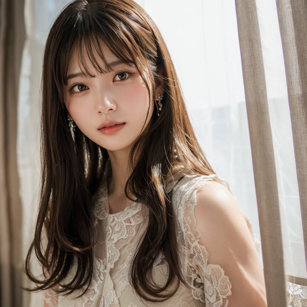 (Highest quality,masterpiece:1.3,超High resolution),(Very detailed,Caustics,8k),(Realistic:1.4,RAW shooting),Super detailed, 超High resolution, Rembrandt Lighting,Ray Tracing,Detailed skin texture, 18-year-old,Japanese,黒いLong Hair,耳前にLong Hair, (Long Hair:1.2), (Wavy Hair:1.2), (鈍いbangs:1.2), Chest-up shot,Ultra high definition 8K,Highest quality,Very detailedな,masterpiece,Realistic,Rich details,Photographic realism,Very detailedな環境,Very detailedな照明,Very detailedな詳細,,Detailed skin texture,Scattered under the surface,(blush:0.5),Photographic works,A slightly sad expression,Beautiful, shining lips, Detailed face、 bangs, Hair between the eyes, (Tangled in lace curtains:1.5),Looking into the camera,Top view angle,,Natural light, masterpiece, Highest quality, High resolution, ,(Face Focus:1.1),(Face close-up:1.1),Sunset