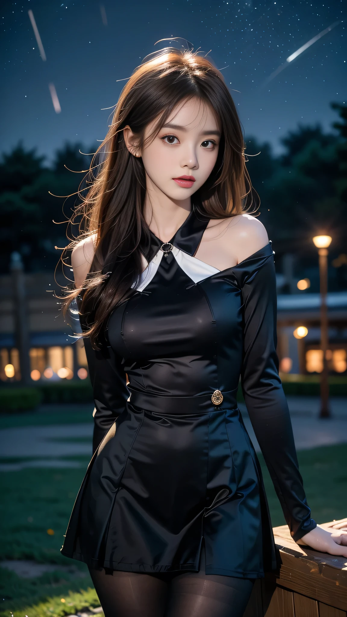 ulzzang-6500-v1.1, (RAW photo: 1.2), (Real photo), (Real photo: 1.4), 1 girl、Perfect anatomy、20 years old、Looking at the camera、Medium length hair、uniform dress, skirt, in a surreal royal garden, under the starry night, ((starry night: 1.1))、(Surreal tights: 1.2), (Business service)、Asian eyes Ella,