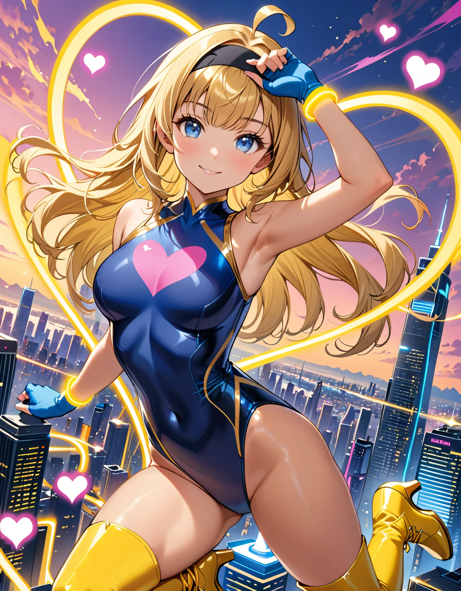 masterpiece, best quality, 1girl, ((bangs, blonde hair, armpit-length hair)), ((black headband)), blue eyes, beautiful detailed eyes, beautiful detailed face, cute face, perfect hands, complete fingers, perfect anatomy, perfect proportions, ((leotard, gymnastics leotard, dark blue leotard)), ((boots, yellow boots, yellow footwear, high heels)), breasts, medium breasts, covered navel, ahoge, ((blue fingerless gloves, yellow bracelets)), (full body portrait), ((pink heart logo on chest)), (skyline), looking at viewer, smile, solo, solo focus, floating, body infused with yellow aura, cowboy shot, using her powers.