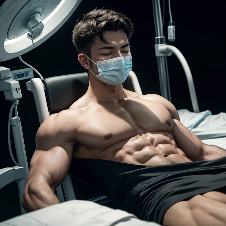 a young and very handsome, very muscular man, shirtless, with his eyes closed, wearing a surgery mask, lying on a hospital stretcher, on a black background