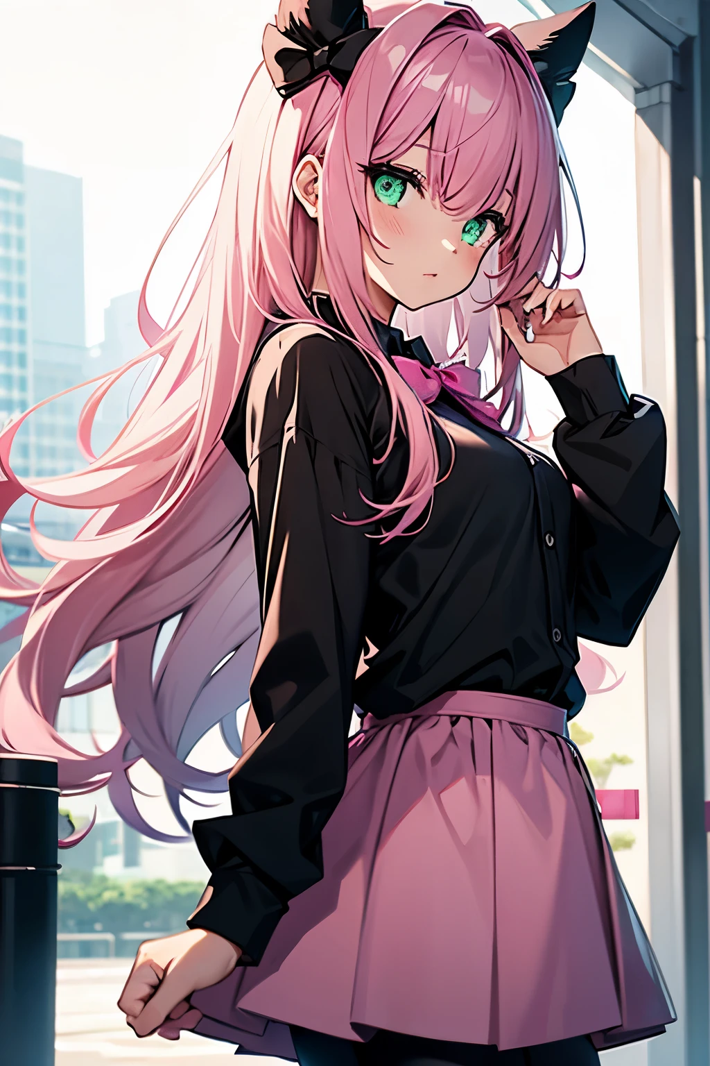 woman, black shirt, long sleeves, pink bowtie, pink skirt, black leggings, pink hair, long hair, green eyes