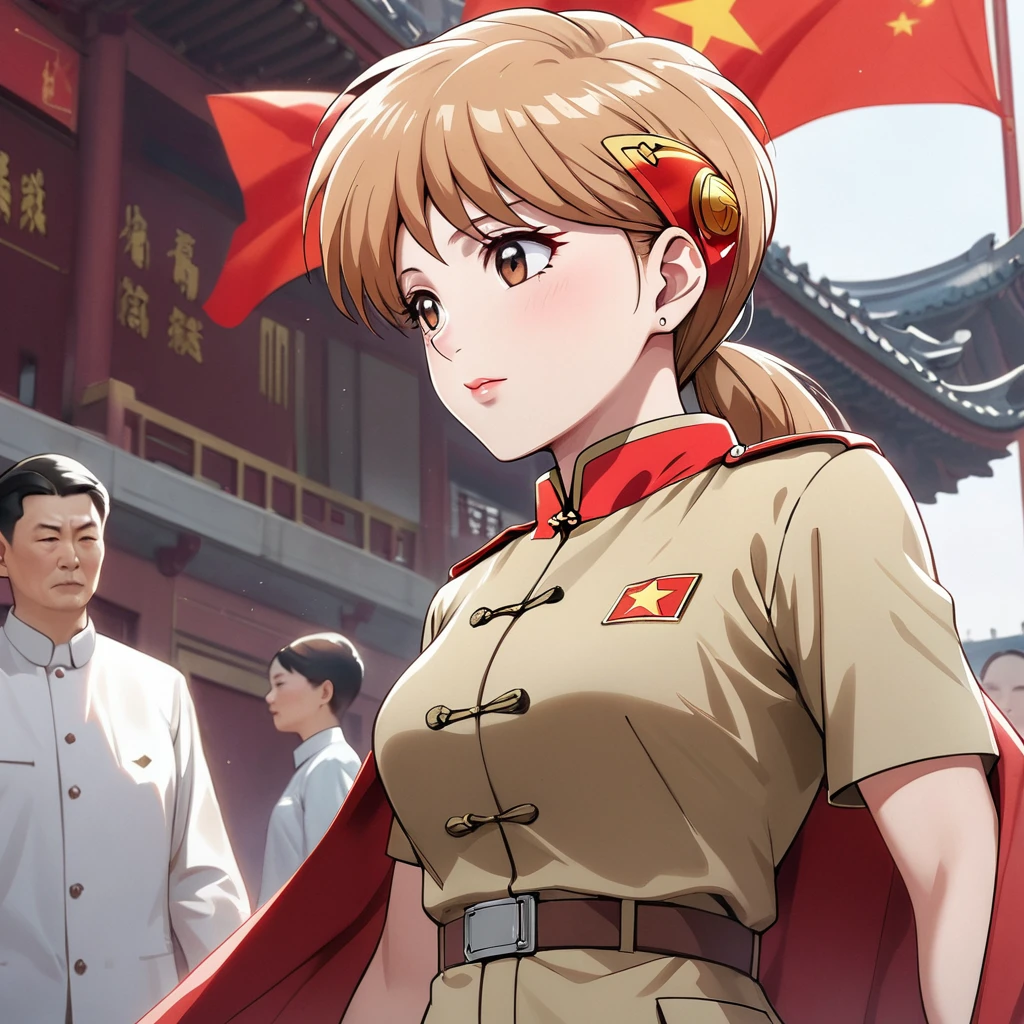 ((Highest quality)), ((masterpiece)), (detailed), (Perfect Face)、The woman is Princess Leona, a Chinese woman with medium-long light brown hair, wearing an engagement ring. She has become a member of the glorious Chinese Communist Party and has sworn absolute loyalty to the Communist Party of China. She is a righteous Communist Party member of the ruling China and the wife of a great Communist Party official.、The woman is wearing the khaki Mao suit of the Chinese Communist Party.、For the sake of China, their hairstyles, clothes, and everything they wear are all Chinese Communist Party items, and their thoughts are also Chinese, becoming great Chinese in body and mind.、The woman became Princess Leona, a Chinese woman who was proud of China and loved it devotedly.、She is serving China as a member of the great Communist Party of China.、The woman is a beautiful, respectable and exemplary Communist Party member.