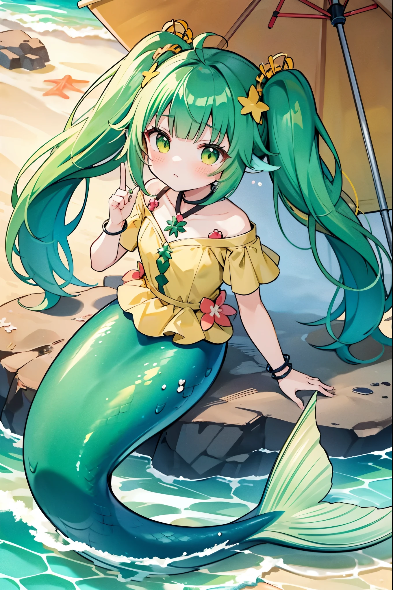 masterpiece, best quality,(Full fingers),A woman,独奏,Mermaid,traptrix sera,twintails,Green Hair,Middle-parted bangs,shirt,绿色的Mermaid尾巴,full-body shot,Beach,charming脸(Kawaii, charming,Soft)