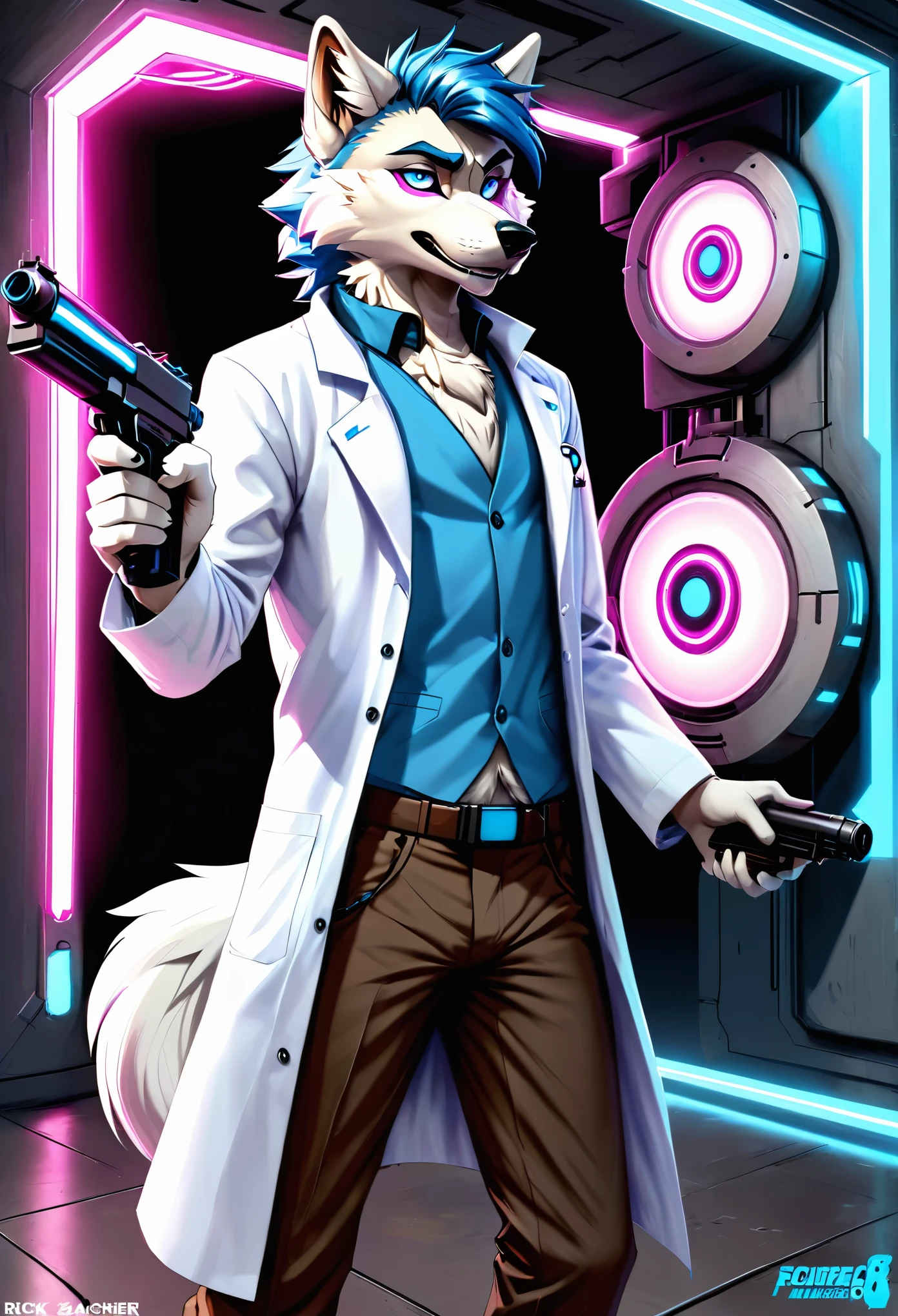 Sexy wolf, Male, furry, blue white, and fuchsia, rick sanchez, black eyes, blue hair, white lab coat, brown pants, holding one of rick sanchez portal gun, (score_9,score_8_up,score_7_up,score_6_up,score_5_up,score_4_up)