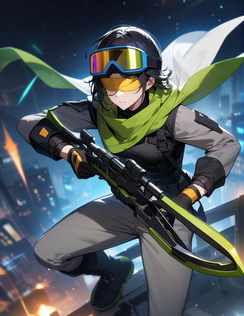 Vivid color goggle helmet, blindfold, gloves, long black hair, boots, black T-shirt, grey pants, night sky, white cape, green scarf, holding a crossbow, masterpiece, High resolution, accurate, Highest quality, 