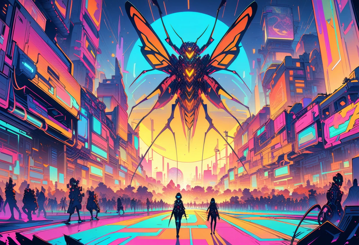 ((best quality)) , ((masterpiece)) , (detailentasy illustration of an enormous wasp with glowing eyes, surrounded cheering people in the style of magic The gathering card art. In front is a large yellow moon over a fantasy town background. Vibrant colors are used.，(cybernetic style. futuristic, technological, cybernetic enhancements, robotics, artificial intelligence themes)