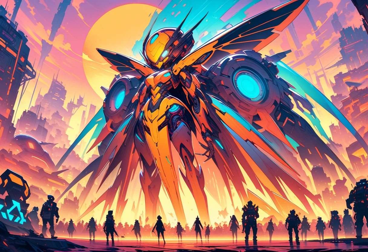 ((best quality)) , ((masterpiece)) , (detailentasy illustration of an enormous wasp with glowing eyes, surrounded cheering people in the style of magic The gathering card art. In front is a large yellow moon over a fantasy town background. Vibrant colors are used.,(cybernetic style. futuristic, technological, cybernetic enhancements, robotics, artificial intelligence themes)