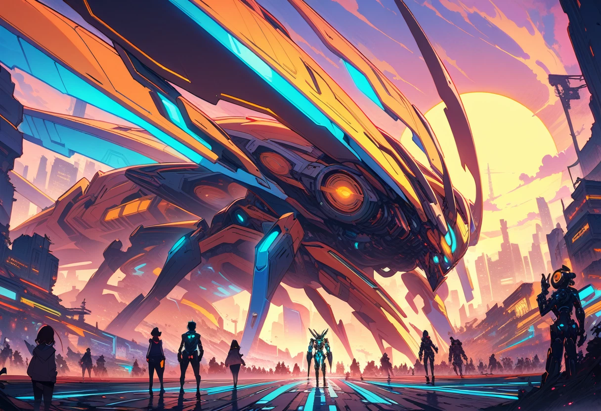 ((best quality)) , ((masterpiece)) , (detailentasy illustration of an enormous wasp with glowing eyes, surrounded cheering people in the style of magic The gathering card art. In front is a large yellow moon over a fantasy town background. Vibrant colors are used.,(cybernetic style. futuristic, technological, cybernetic enhancements, robotics, artificial intelligence themes)