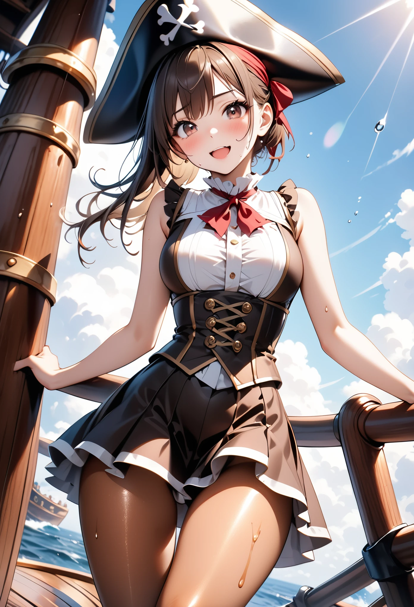 ((formal cropped jacket)), ((bustier)), ((skirt)), ((pantyhose)), ((Shiny Costumes)), skindentation, skinny, solo, 1 woman, Masterpiece, highest quality, highest quality, 16K, incredibly absurd, highly detailed, 2.5D, ai-generated, delicate and dynamic, very delicate facial expressions, delicate eye depiction, erotic, only sexy woman, ((A cute and kind face)), healthy figure, ((25-year-old woman)), 160cm tall, medium firm swaying bust, , blush, Sweat,Embarrassed,sexy, ((thin thighs)), (camel toe:0.7), (visible nipples:0.3), (Erect nipples,:0.7), shiny and lustrous, facing straight at viewer, (((in heat))), ((Oily_skin)), ((Lots of sweat)), (((Brown Skin))), ((dutch angle)), ((erotic pose)), ((On the open sea, on a pirate ship, in the hot summer),