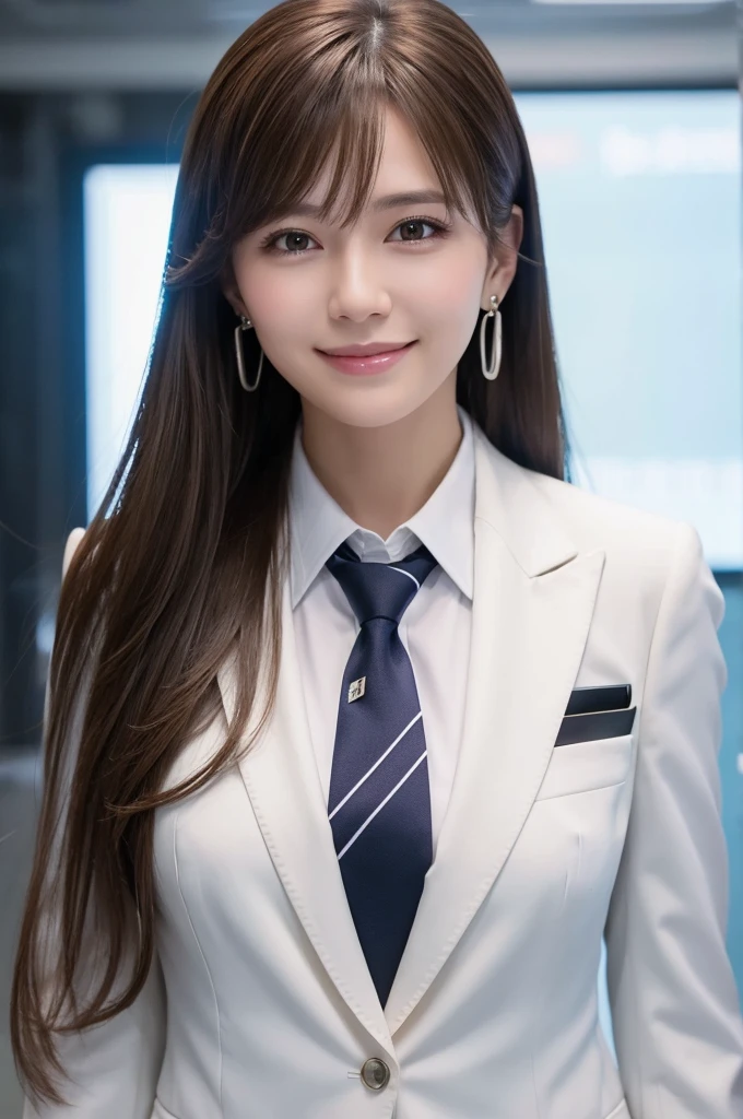 beautiful, alone, 1 female, mature, Long Hair, Brown hair with bangs, Half Tie, White clothes, Smile Facial, Hold the rifle, Futuristic, cyber punk, You say, Earrings, Background white