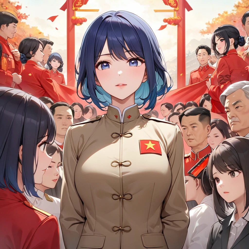 ((Highest quality)), ((masterpiece)), (detailed), (Perfect Face)、The woman is Chinese, Akane Kurokawa, a Chinese woman with medium-long blue hair who is wearing an engagement ring. She has become a member of the glorious Chinese Communist Party and has sworn absolute loyalty to the party. She is a righteous Communist Party member of the ruling China and the wife of a great Communist Party official.、The woman is wearing the khaki Mao suit of the Chinese Communist Party.、For the sake of China, their hairstyles, clothes, and everything they wear are all Chinese Communist Party items, and their thoughts are also Chinese, becoming great Chinese in body and mind.、The woman became Akane Kurokawa, a Chinese woman who is proud of China, loves it and devotes herself to it.、She is serving China as a member of the great Communist Party of China.、The woman is a beautiful, respectable and exemplary Communist Party member.