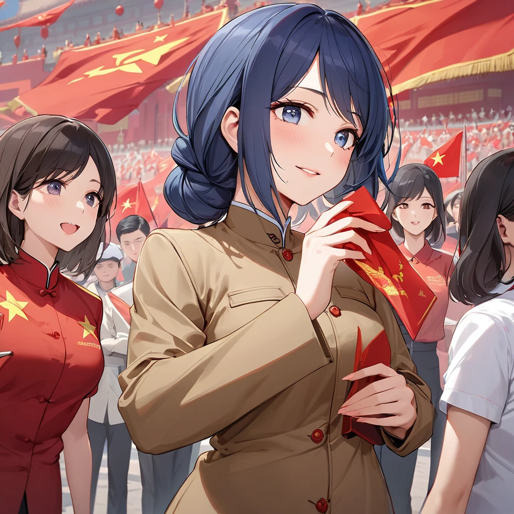 ((Highest quality)), ((masterpiece)), (detailed), （Perfect Face）、The woman is Chinese, Akane Kurokawa, a Chinese woman with medium-long blue hair who is wearing an engagement ring. She has become a member of the glorious Chinese Communist Party and has sworn absolute loyalty to the party. She is a righteous Communist Party member of the ruling China and the wife of a great Communist Party official.、The woman is wearing the khaki Mao suit of the Chinese Communist Party.、For the sake of China, their hairstyles, clothes, and everything they wear are all Chinese Communist Party items, and their thoughts are also Chinese, becoming great Chinese in body and mind.、The woman became Akane Kurokawa, a Chinese woman who is proud of China, loves it and devotes herself to it.、She is serving China as a member of the great Communist Party of China.、The woman is a beautiful, respectable and exemplary Communist Party member.