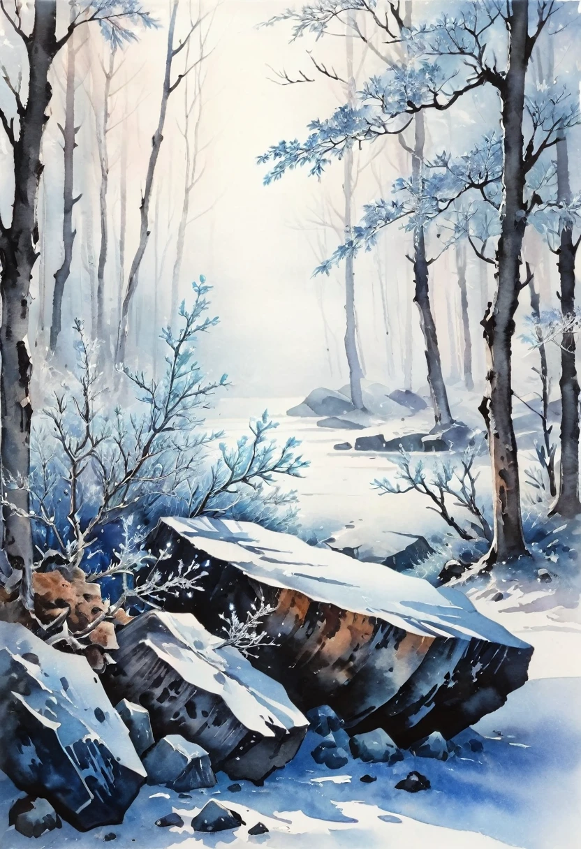 (Ink and watercolor:1.5), (Landscape painting:1.5), (tasteful:1.5), (rock:1.5),(wood:1.5), (Ink and watercolor:1.5), (Chinese style:1.5), (Hoarfrost:1.5), (Hoarfrost:1.5), (ice crystals:1.5), (Hoarfrost covered the woods:1.5), (frozen wood:1.5),